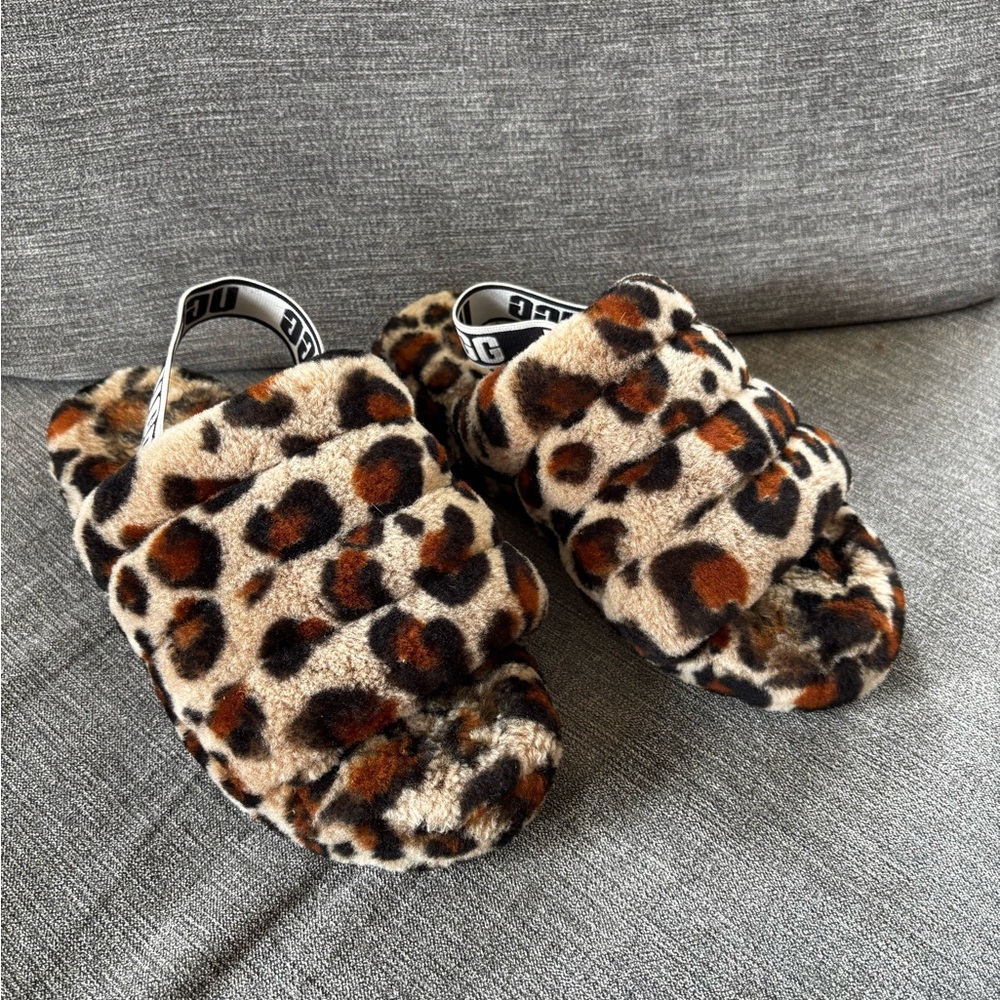 UGG Leopard Fuzz Slide Sandals - Brown/Black/Cream - Picture 2 of 9